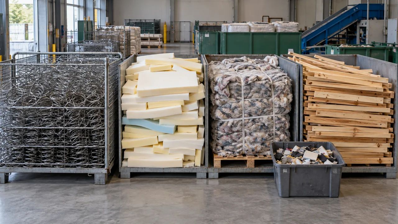 Orderly recycling bay with mattress steel springs foam blocks bundled textile fibre timber slats and a small residue container separated