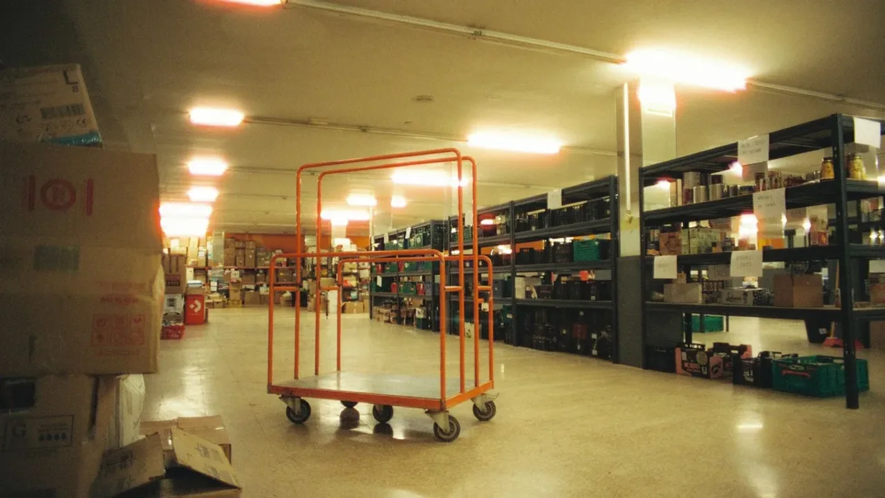 Long stockroom with tall black metal shelving along both walls, stacked boxes on the floor and an orange stock trolley standing in the aisle