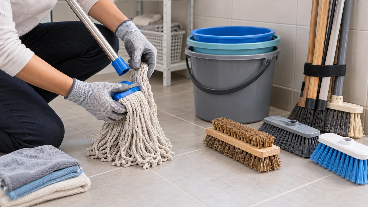 Gloved hands removing a dry mop head beside nested empty buckets, grouped brush heads and broom handles secured with a strap