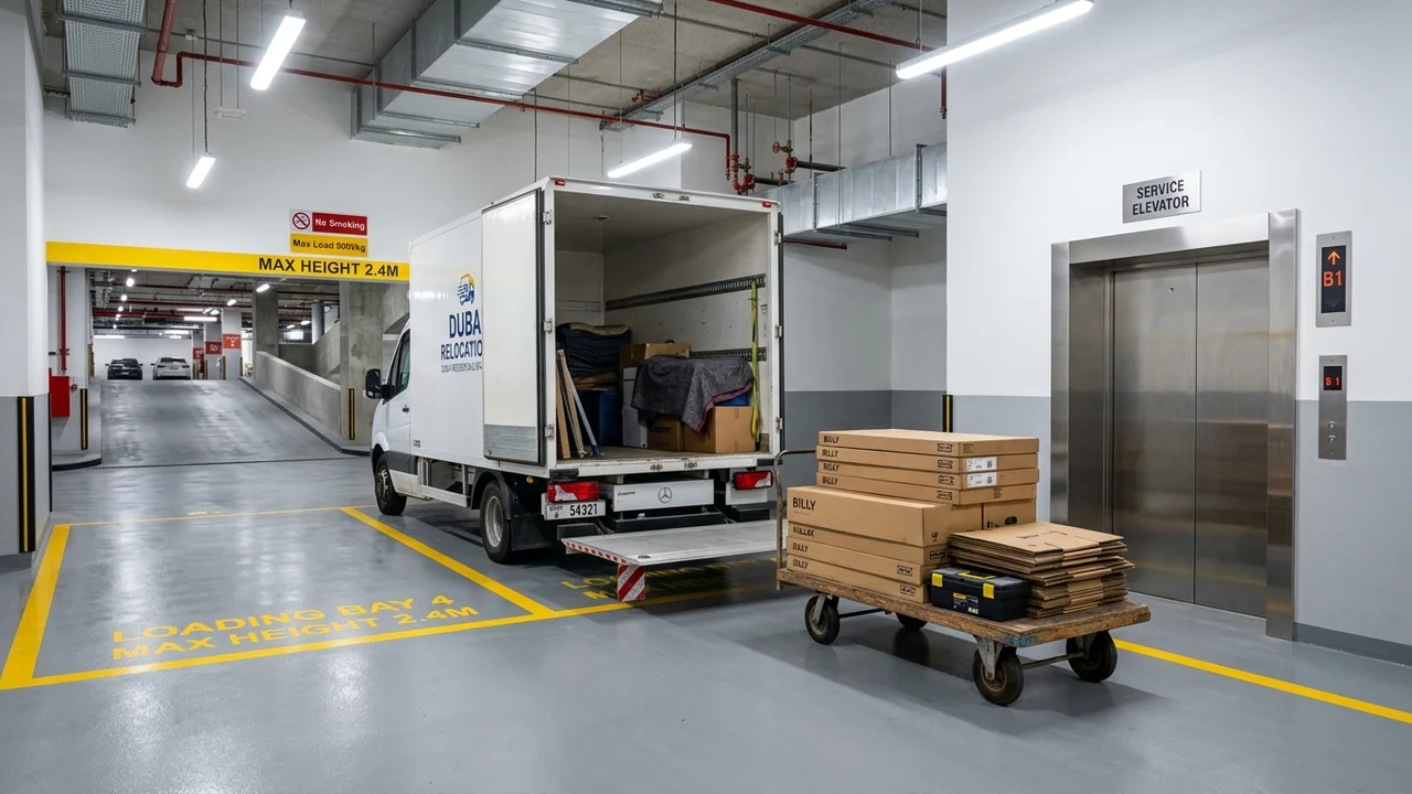 Junk removal truck parked in a Dubai residential tower basement loading bay during an allocated service lift access window