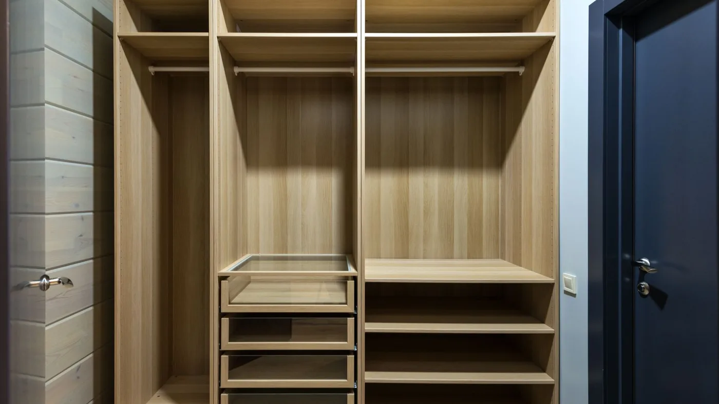 Open built-in oak wardrobe with empty hanging rails, glass-fronted drawers and bare shelves against a wood-panelled wall