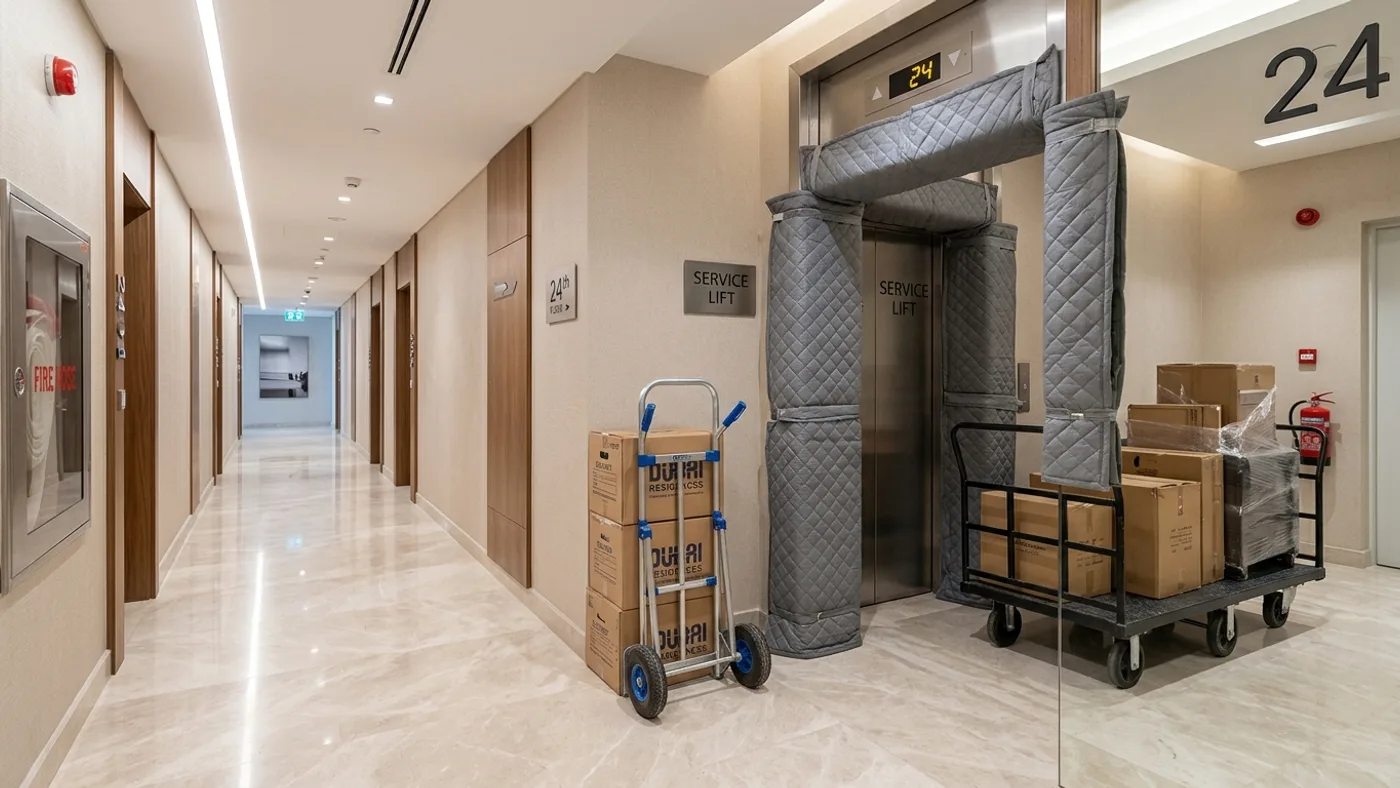 Padded service elevator lobby in a modern residential high-rise building with moving equipment ready