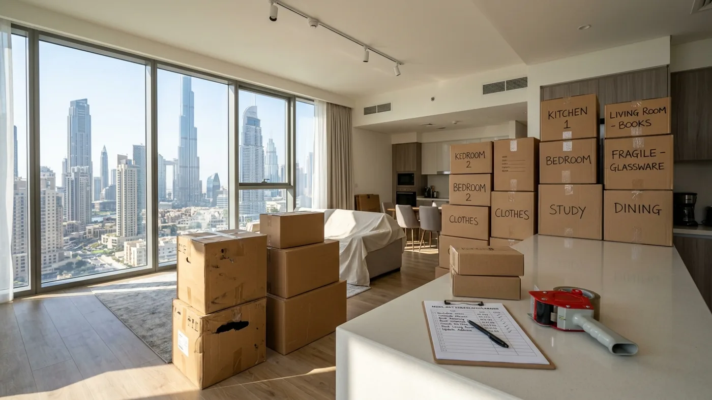 Bright Dubai apartment living room with packed moving boxes labeled by room and a clipboard checklist on a kitchen counter