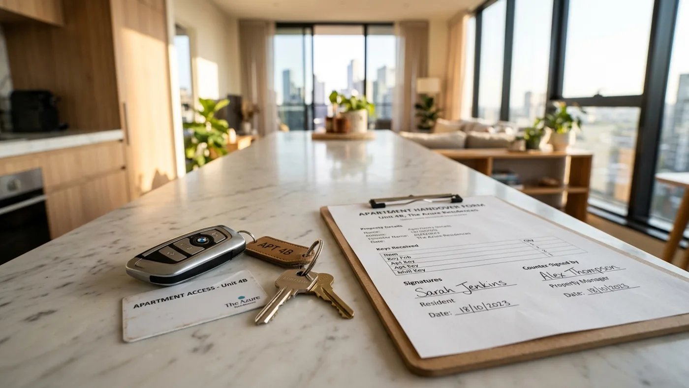 Apartment keys, access fobs, and building security card resting on a kitchen island beside a signed handover form