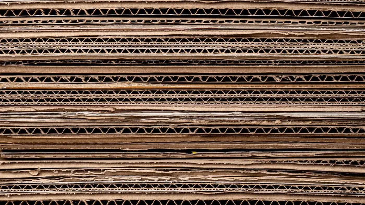 Edge-on view of a tall stack of flattened corrugated cardboard sheets showing the fluted inner layers