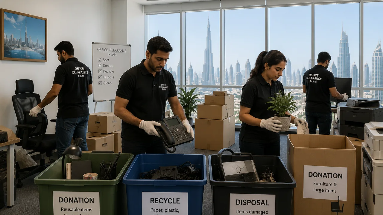 Office clearance team sorting telephones, electronics, furniture and reusable items into labelled streams