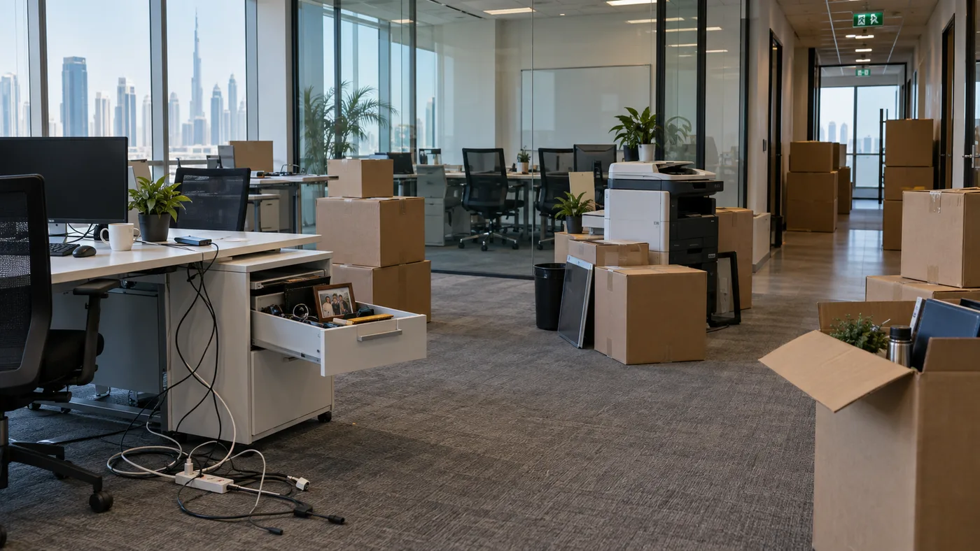 Partly cleared Dubai office with loose cables, open desk drawers, unlabelled cartons and a printer left in the removal route