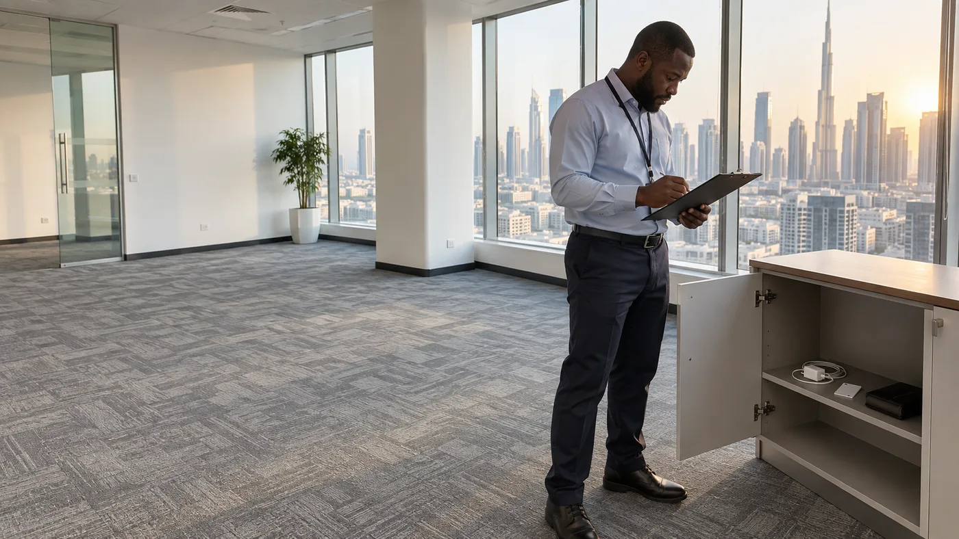 Office manager inspecting an open low cabinet containing a charger, access card and document wallet in an otherwise empty Dubai office