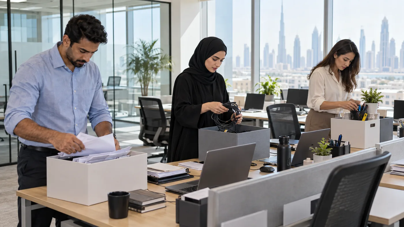 Three coworkers sorting office papers, coiled cables and desk supplies into plain containers at active workstations beside a Dubai skyline