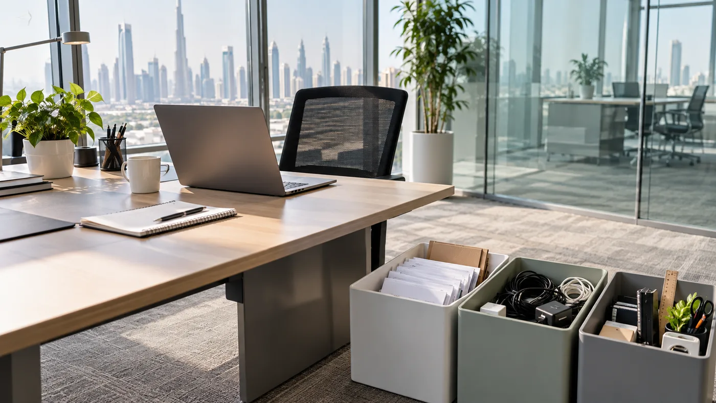 Clean office workstation beside plain containers holding sorted paper, bundled cables, small electronics and reusable desk supplies