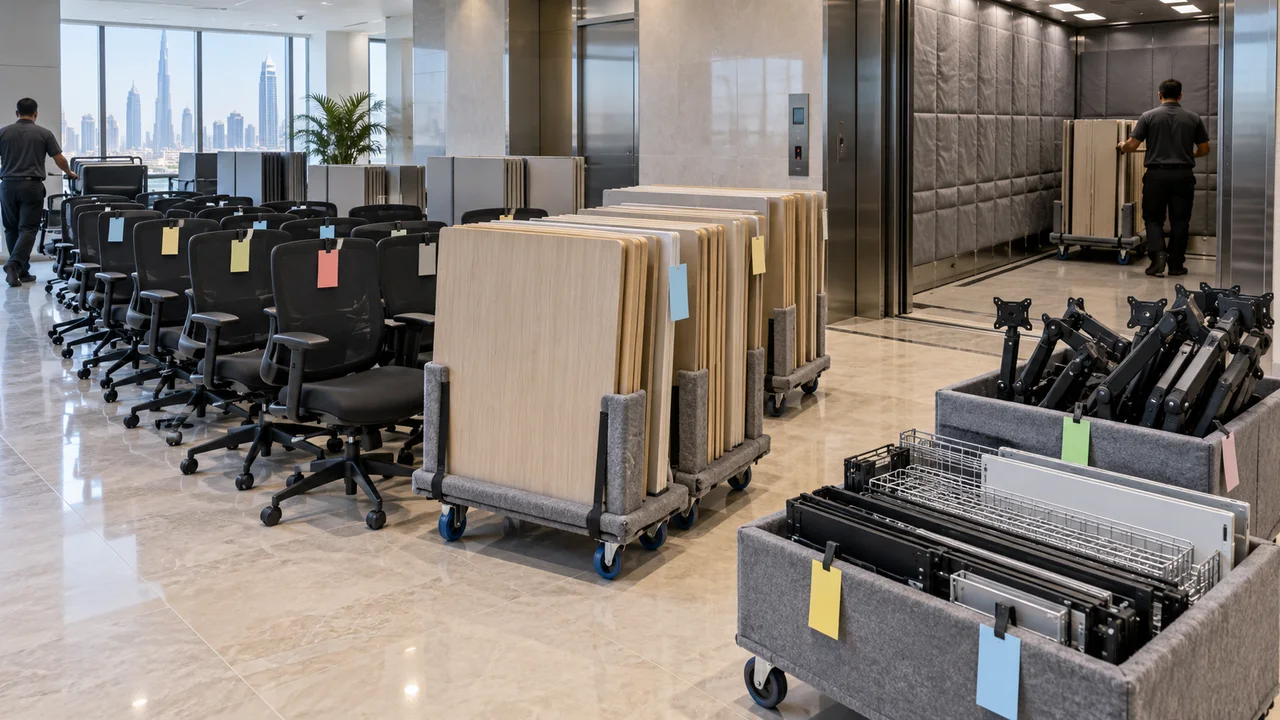 Tagged office chairs, padded desk tops, monitor arms and cable trays staged on trolleys beside a service lift