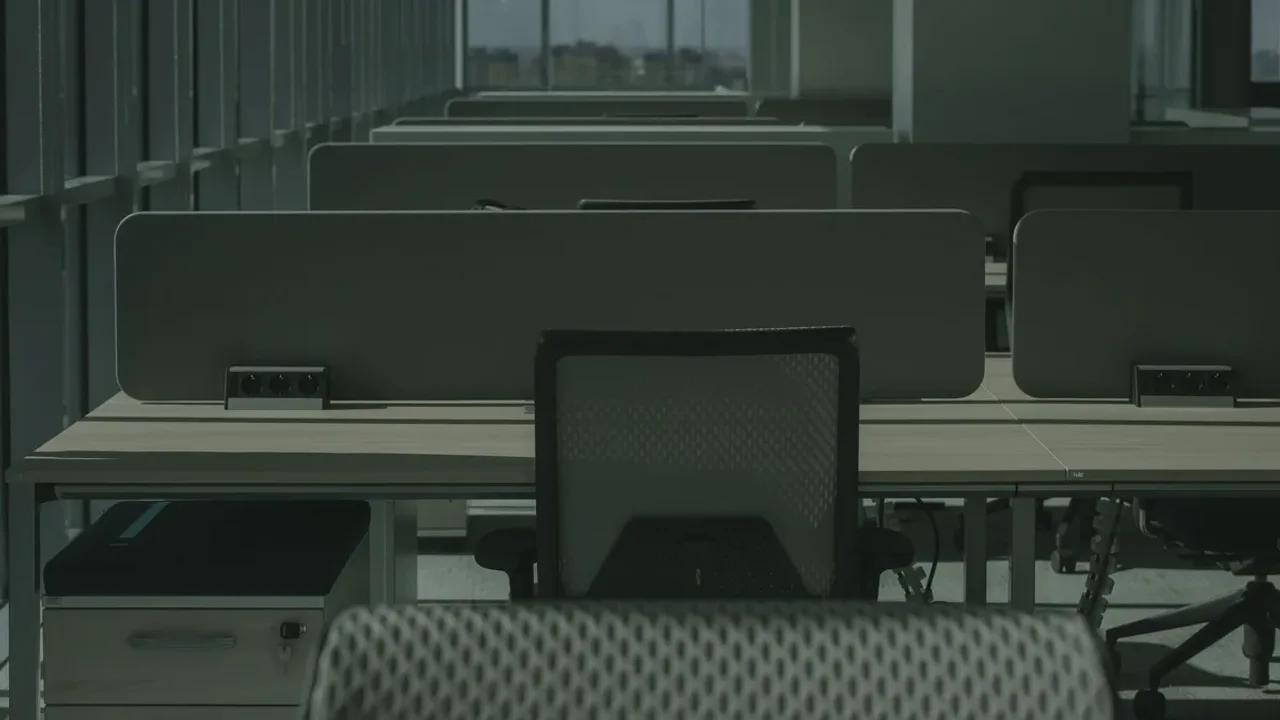 Row of bench desks fitted with acoustic privacy divider screens and steel under-desk cable management trays