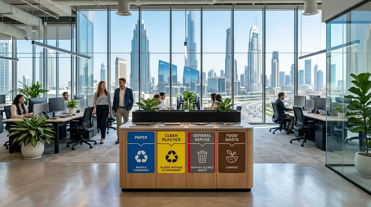 Modern corporate open-plan office in Dubai with central color-coded recycling station overlooking city skyscrapers