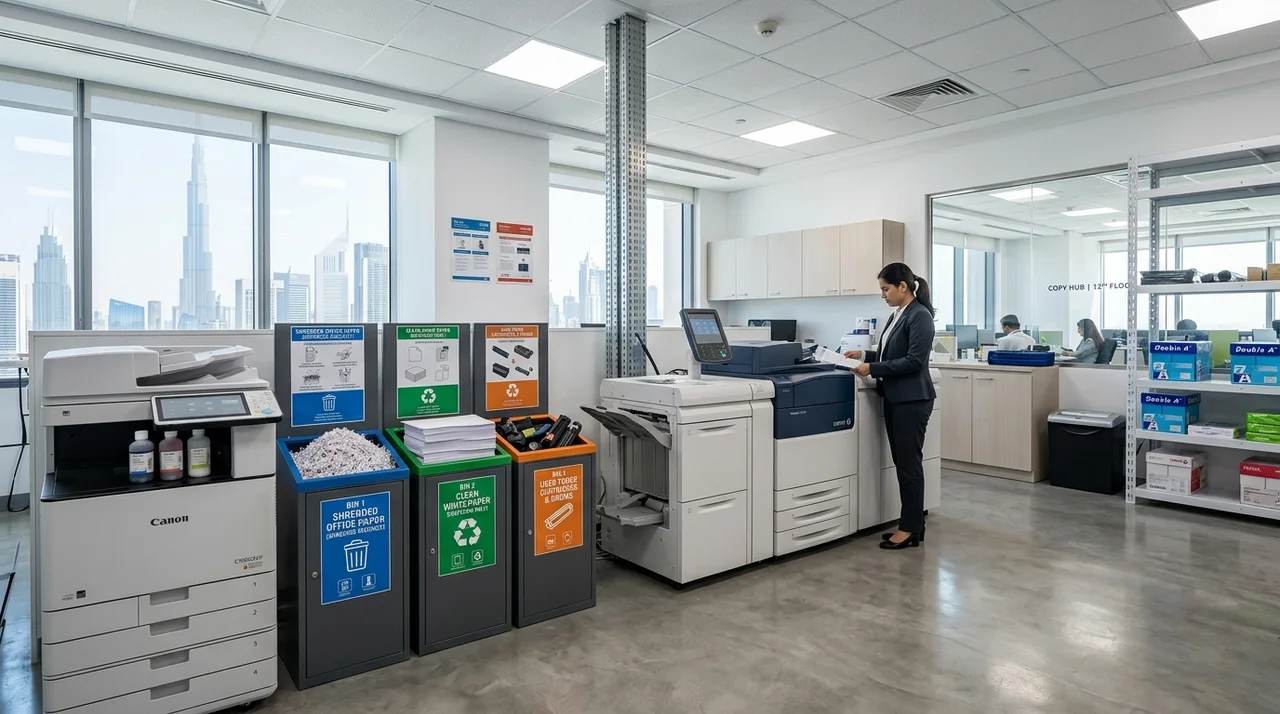 Organized corporate print room recycling hub with separate containers for shredded paper, clean paper, and toner cartridges