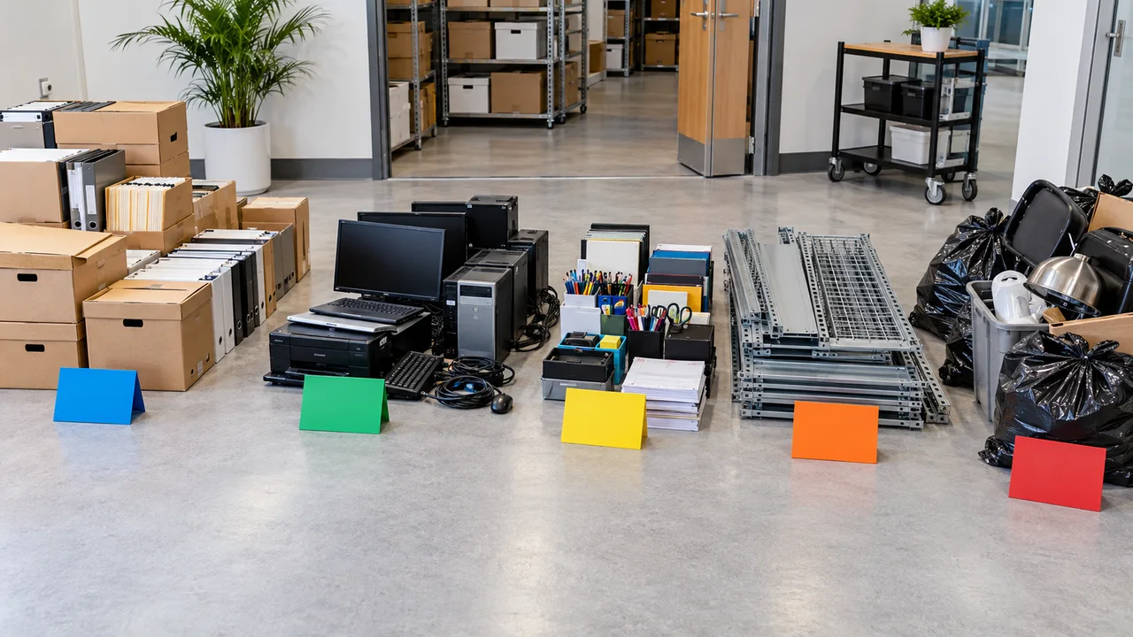 Archive cartons, computers, stationery, metal shelf parts and discard bags separated into colour-coded office storeroom sorting zones