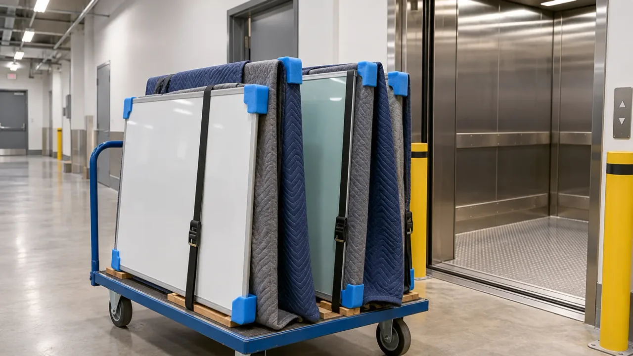 Whiteboard and glass writing panels protected with moving blankets and corner guards on a trolley beside a service lift