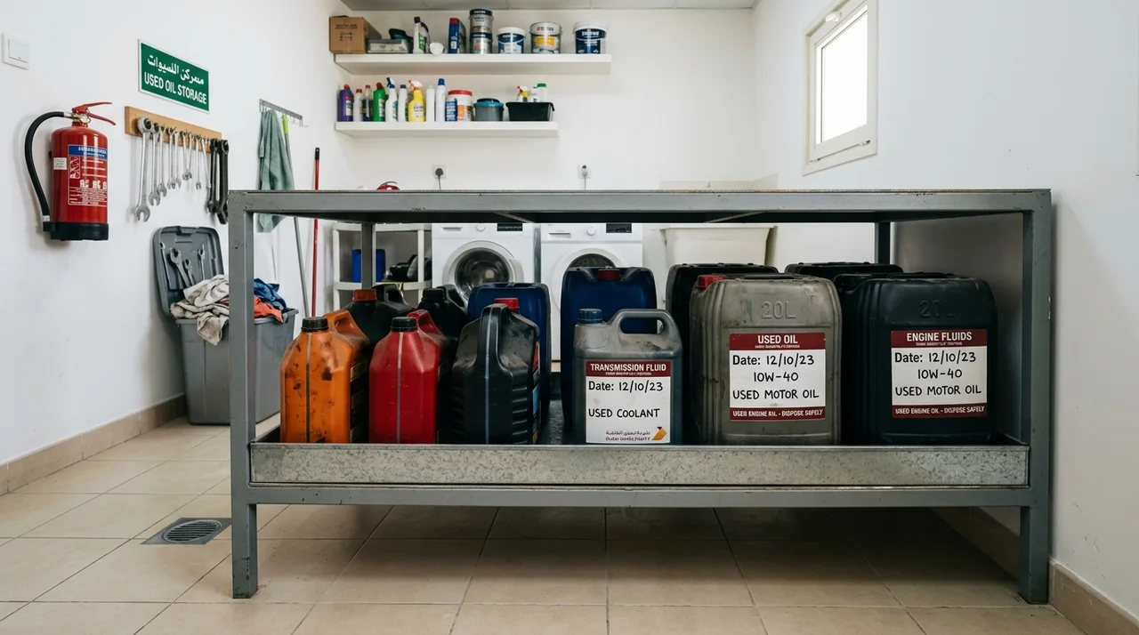 Dedicated plastic containers of spent motor oil and kitchen grease organized for compliant Dubai collection