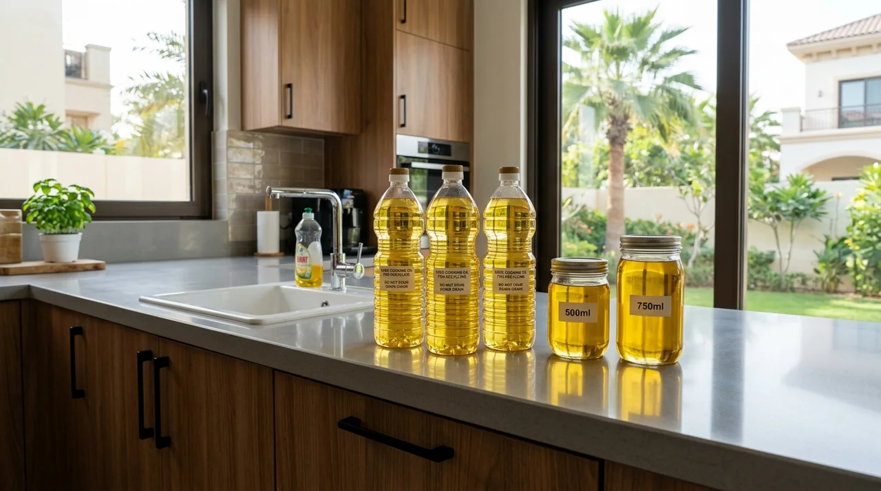 Dubai villa kitchen counter with sealed cooking oil containers prepared for household oil disposal and collection
