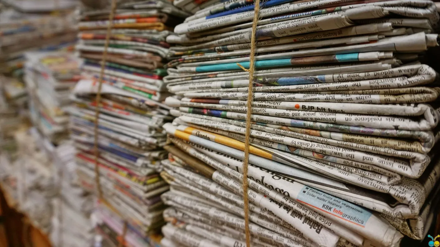 Close-up of stacked newspaper bundles tied with string, ready for paper recycling
