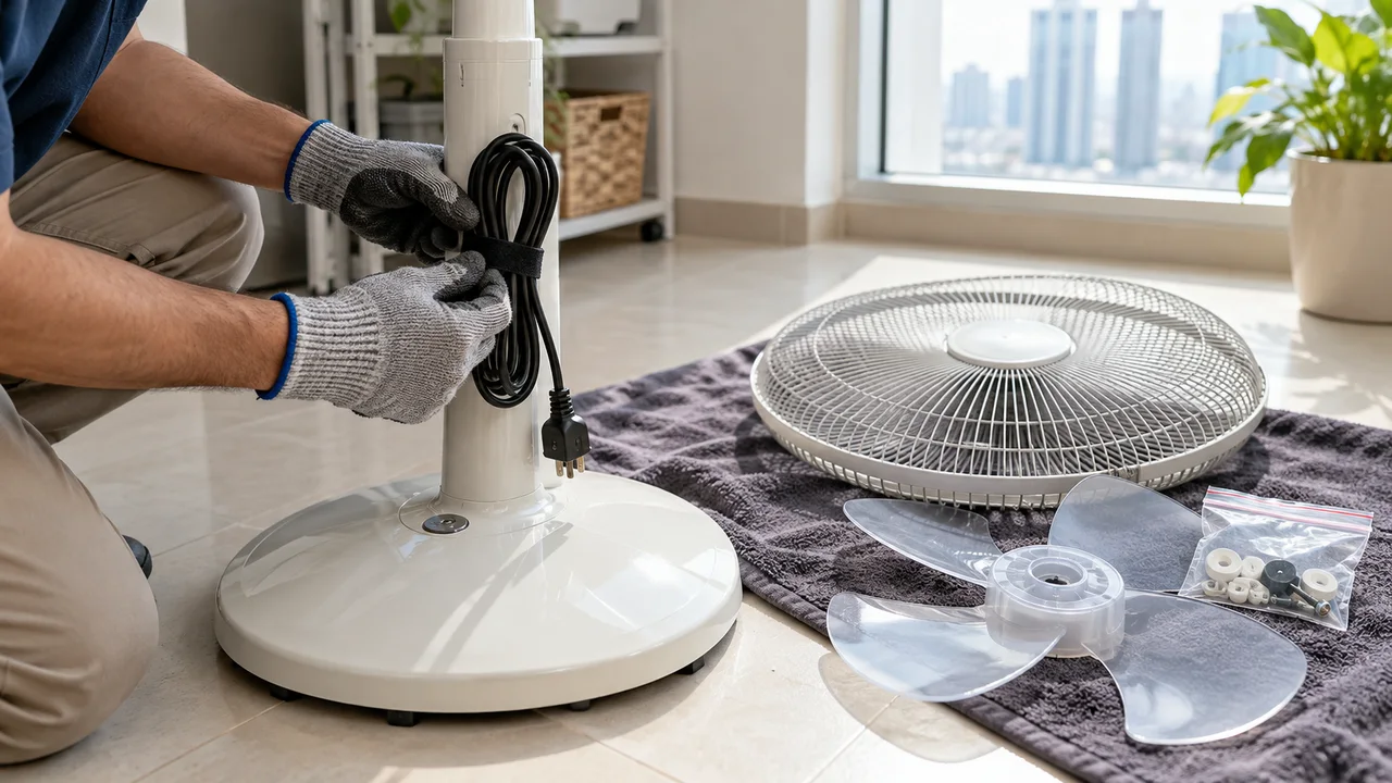 Gloved hands securing the coiled cable of an unplugged pedestal fan beside its removed grille, fan blade and small hardware bag