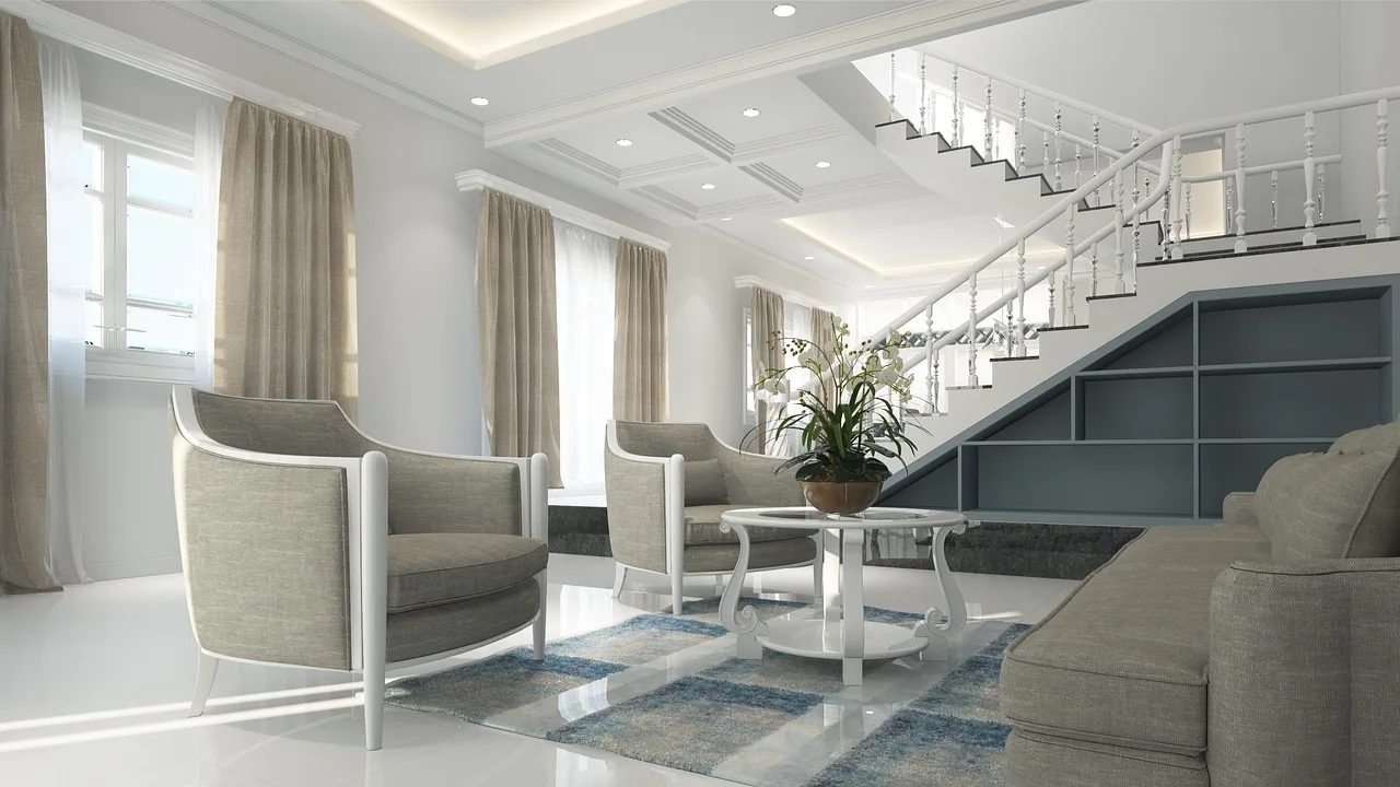 Luxury duplex penthouse living room featuring an open architectural staircase, lounge armchairs, coffee table, and large bright windows