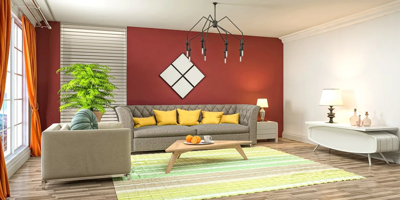 High-end apartment penthouse interior with large tufted grey sofa, triangular wooden coffee table, decorative chandelier, and floor lamp
