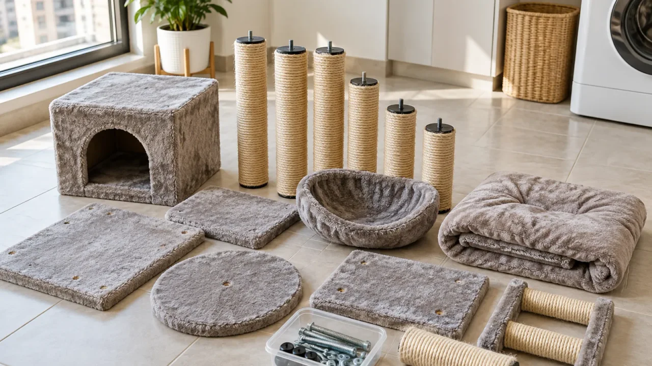 Dismantled grey cat tree platforms, sisal scratching posts and hardware arranged neatly on a tiled floor