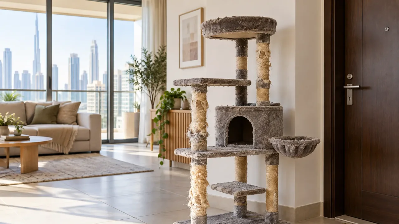 Tall worn grey cat tree with scratched sisal posts beside the entrance of a bright Dubai apartment