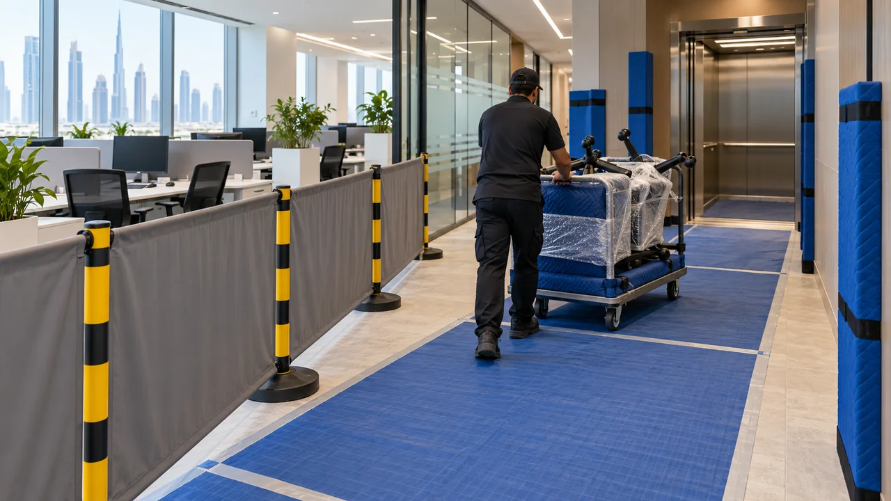 Removal worker pushing wrapped office chair components along floor runners and temporary barriers toward a padded service lift