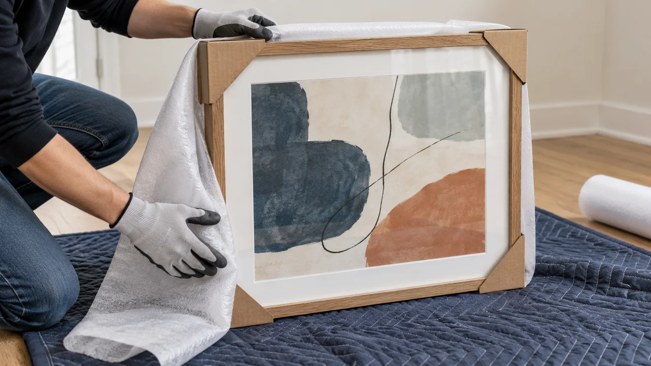 Gloved hands wrapping an intact wooden picture frame with cardboard corner guards on a protective moving blanket