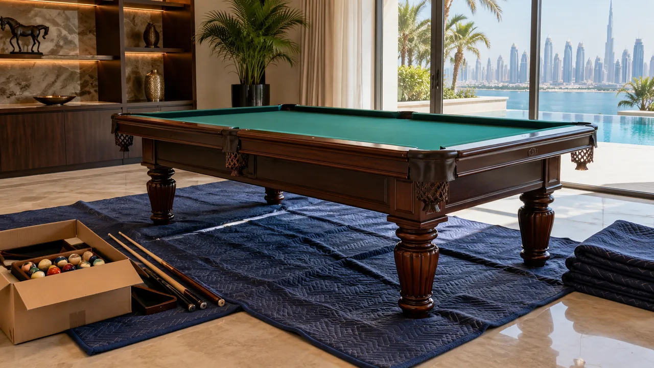 Pool table standing over protective blankets with cues and balls packed in a box nearby