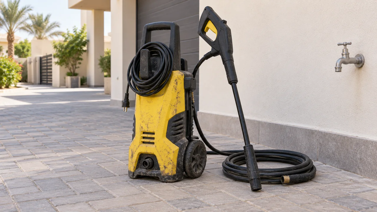 Used yellow electric pressure washer with coiled cable, drained hose and spray wand on a dry villa driveway