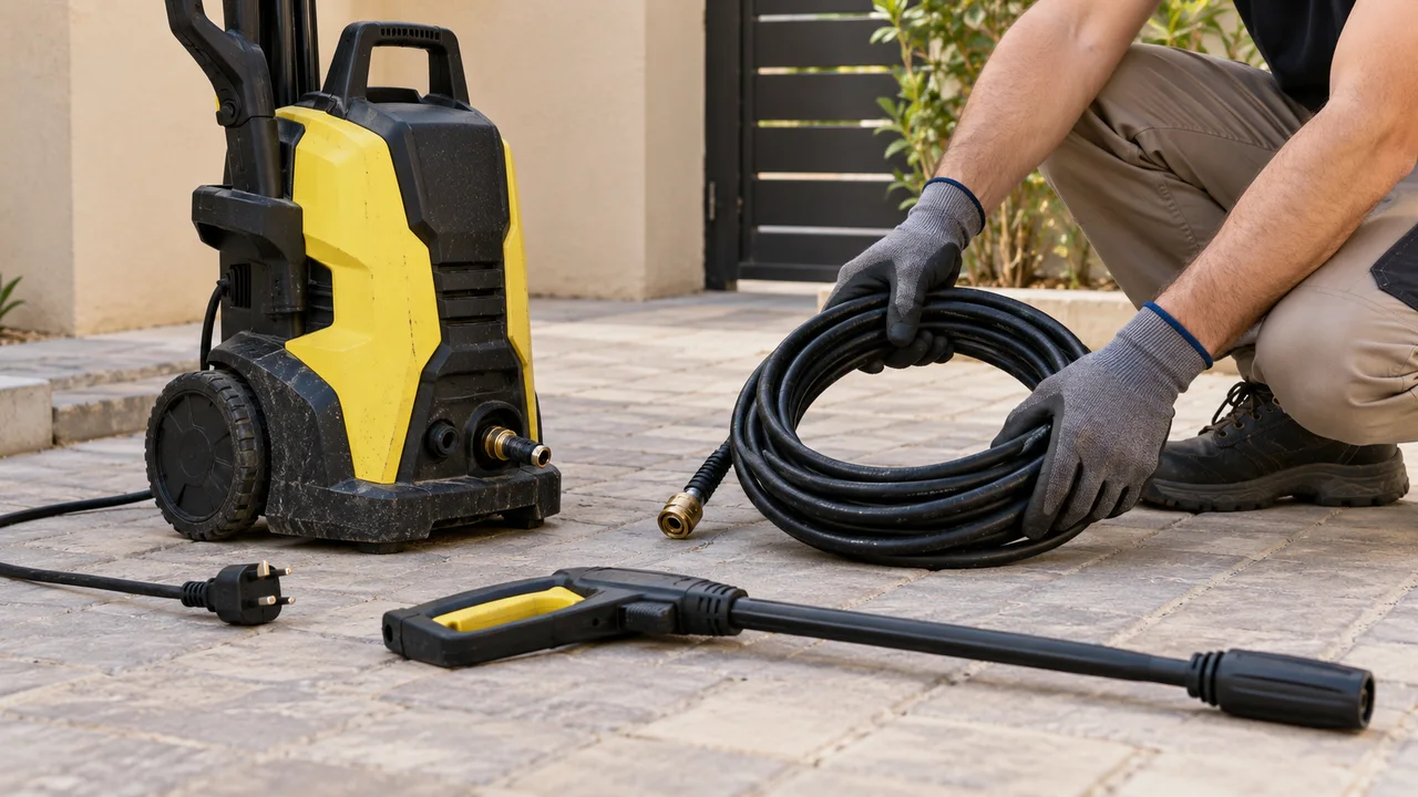 Gloved hands coiling a drained black pressure hose beside an unplugged yellow pressure washer and spray wand