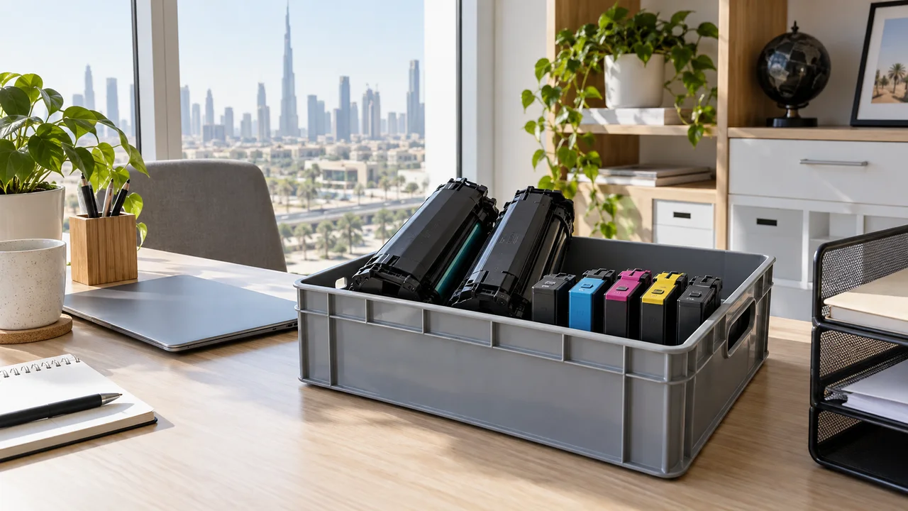 Reusable crate holding intact unbranded ink and laser toner cartridges in a bright Dubai home office