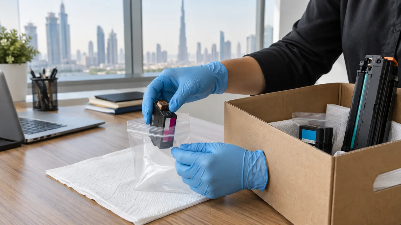 Gloved hands placing an intact ink cartridge into a protective bag beside boxed toner units on a Dubai office desk