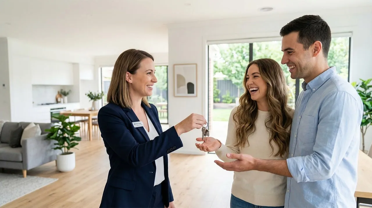 Real estate agent handing house keys to a smiling couple inside a bright, open-plan living room