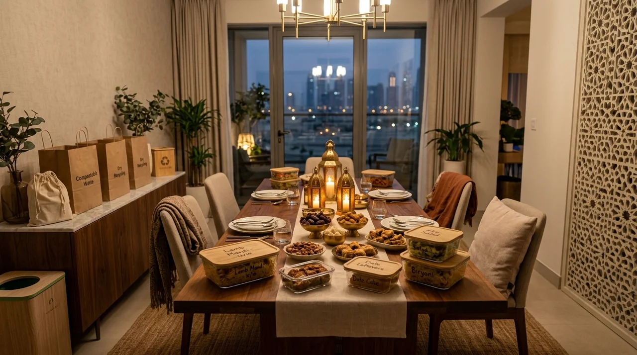 Festive family dining room in a Dubai home after celebration with food storage containers and compostable paper bags
