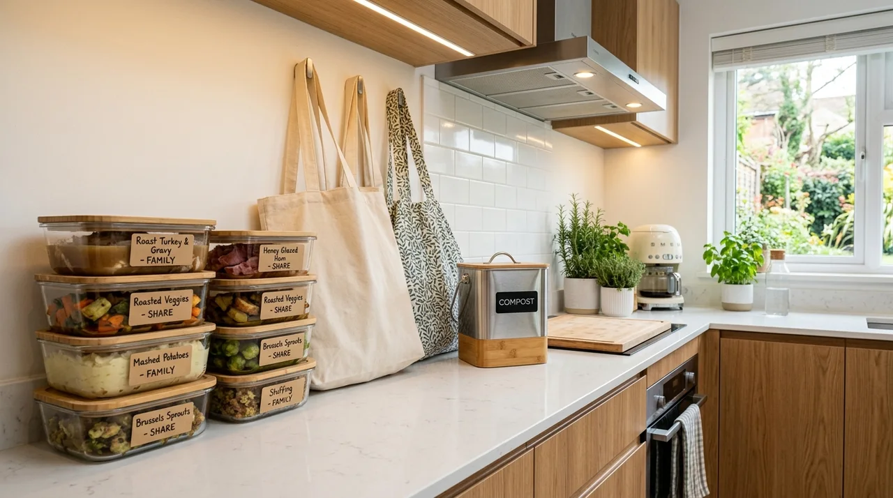 Airtight glass food storage containers on kitchen counter holding festive leftovers organized for charity redistribution