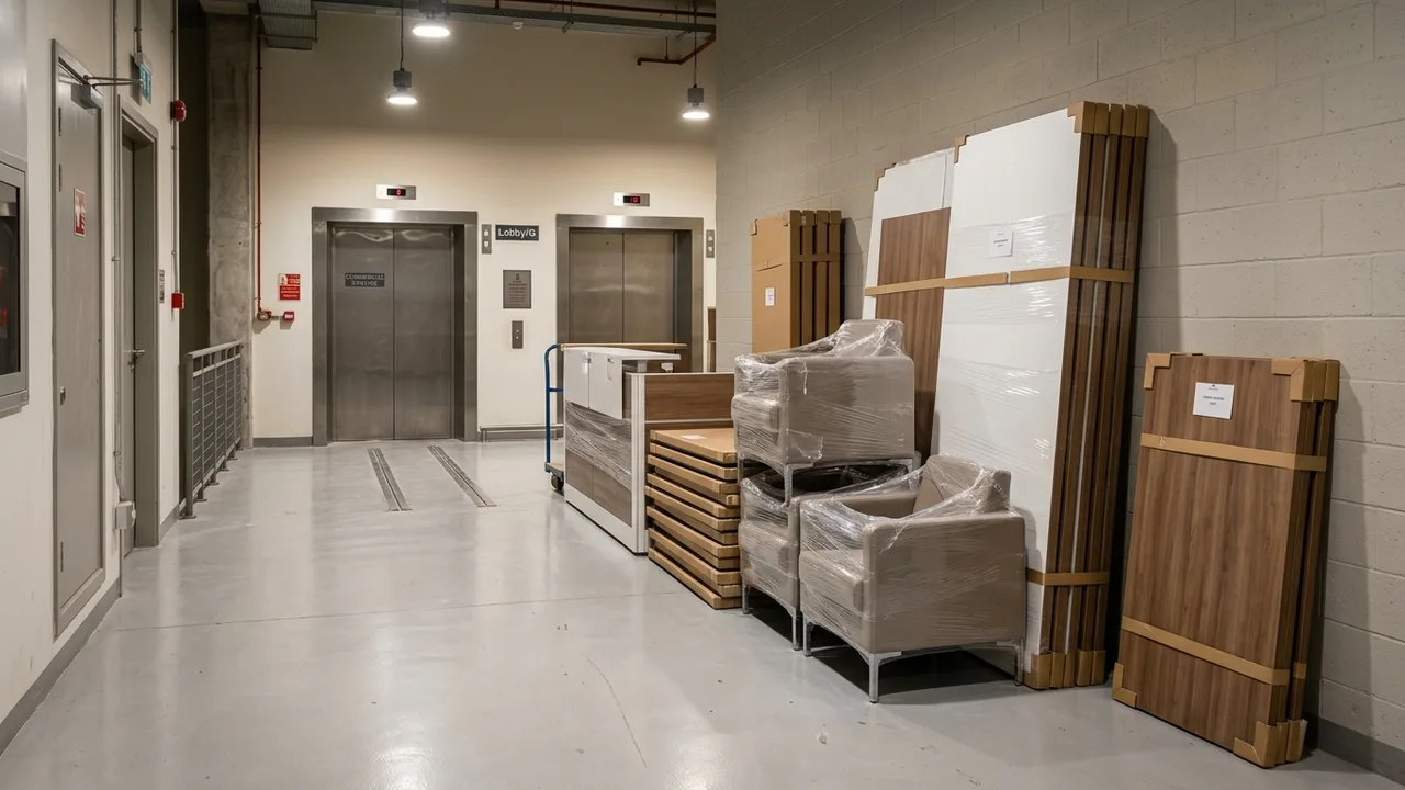 Disassembled modular office reception furniture including guest armchairs and desk panels neatly grouped by a commercial service freight elevator