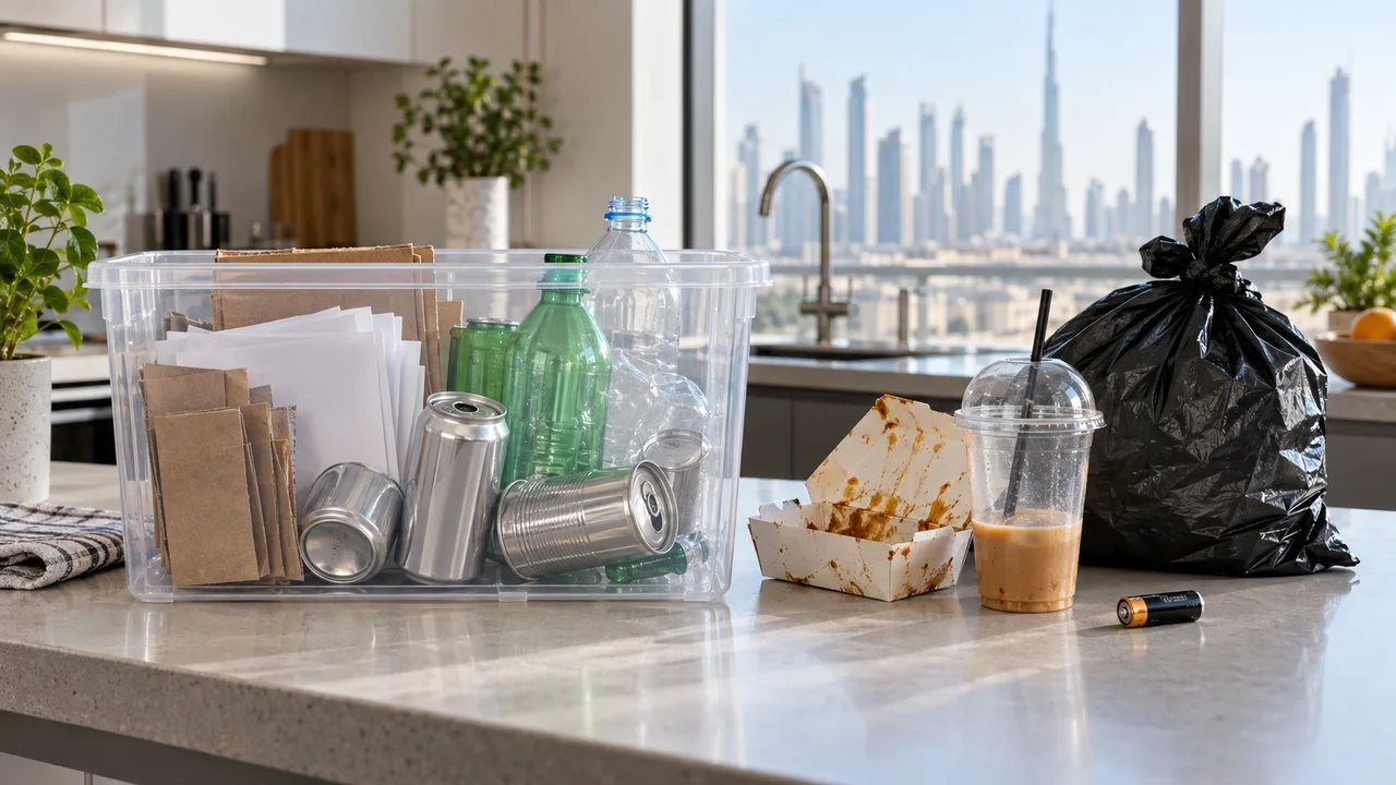 Clean recycling bin beside food-soiled packaging, liquid cup, black bag and battery contaminants