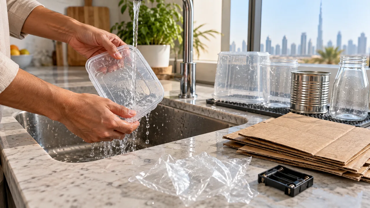 Dubai household recycling station showing rinsed containers drying beside flattened clean cardboard