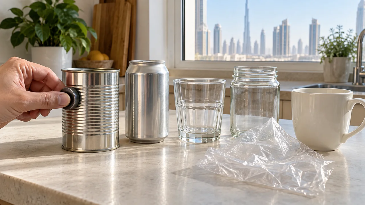 Hands comparing container materials and using a magnet to identify metal before recycling in a Dubai kitchen
