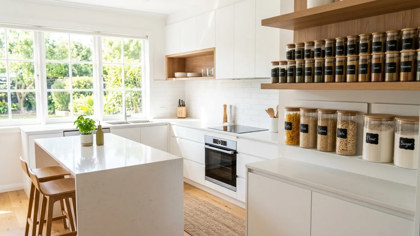 Spotless modern kitchen interior with cleared white quartz countertops and neatly organized glass pantry jars