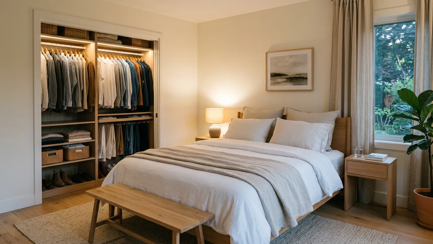 Serene master bedroom in a modern home with organized walk-in closet and clean wooden furnishings