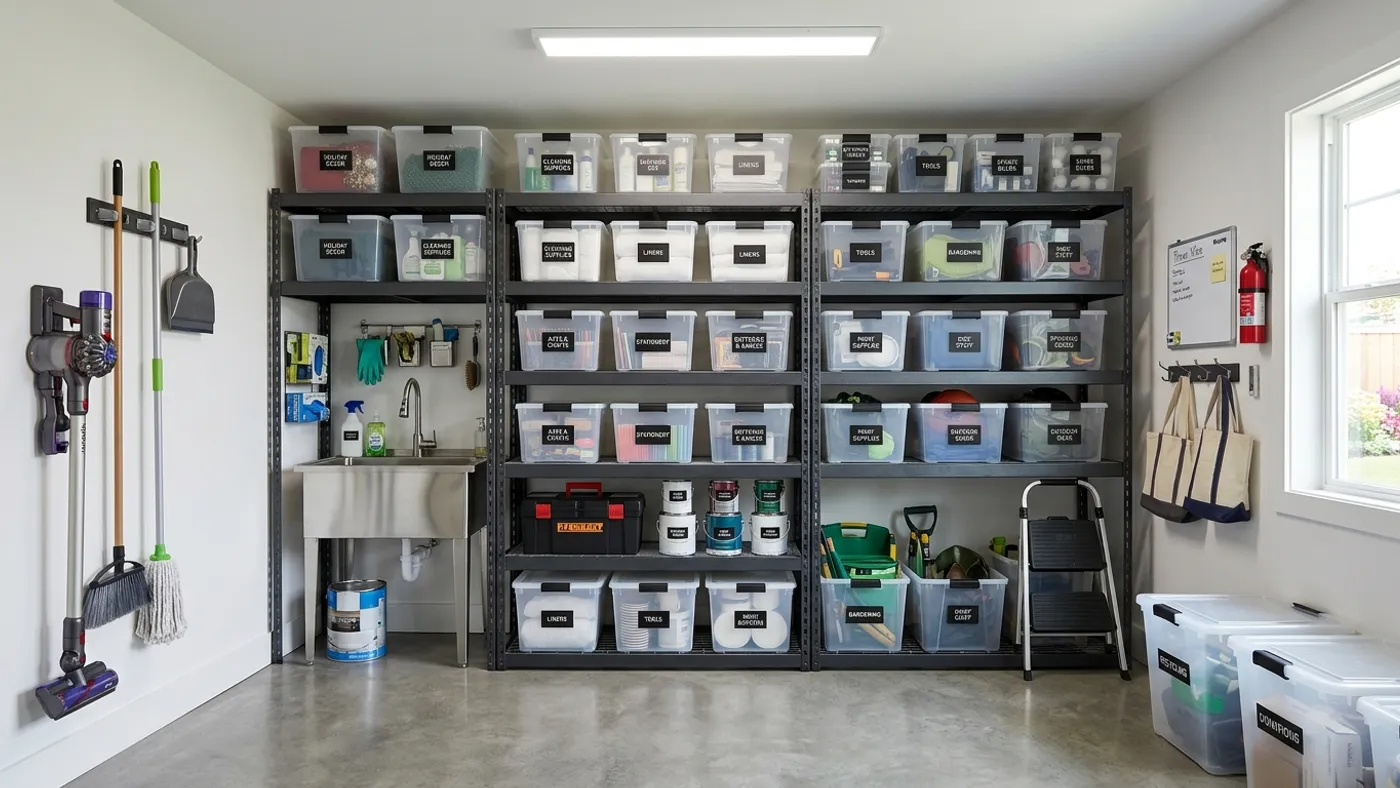 Organized home storage and utility room with heavy-duty metal shelving holding clear labeled storage bins