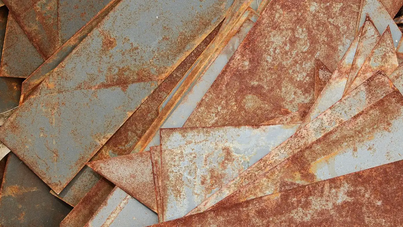 Stacked sheets of rusted and bare steel sorted for scrap metal removal and recycling