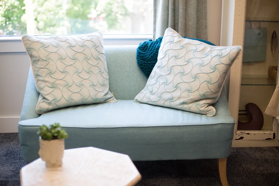 Small upholstered loveseat with two patterned cushions staged in front of a bright window