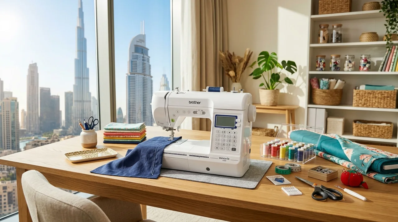 Modern computerized sewing machine and crafting supplies set on a work table prepared for room clearance in Dubai