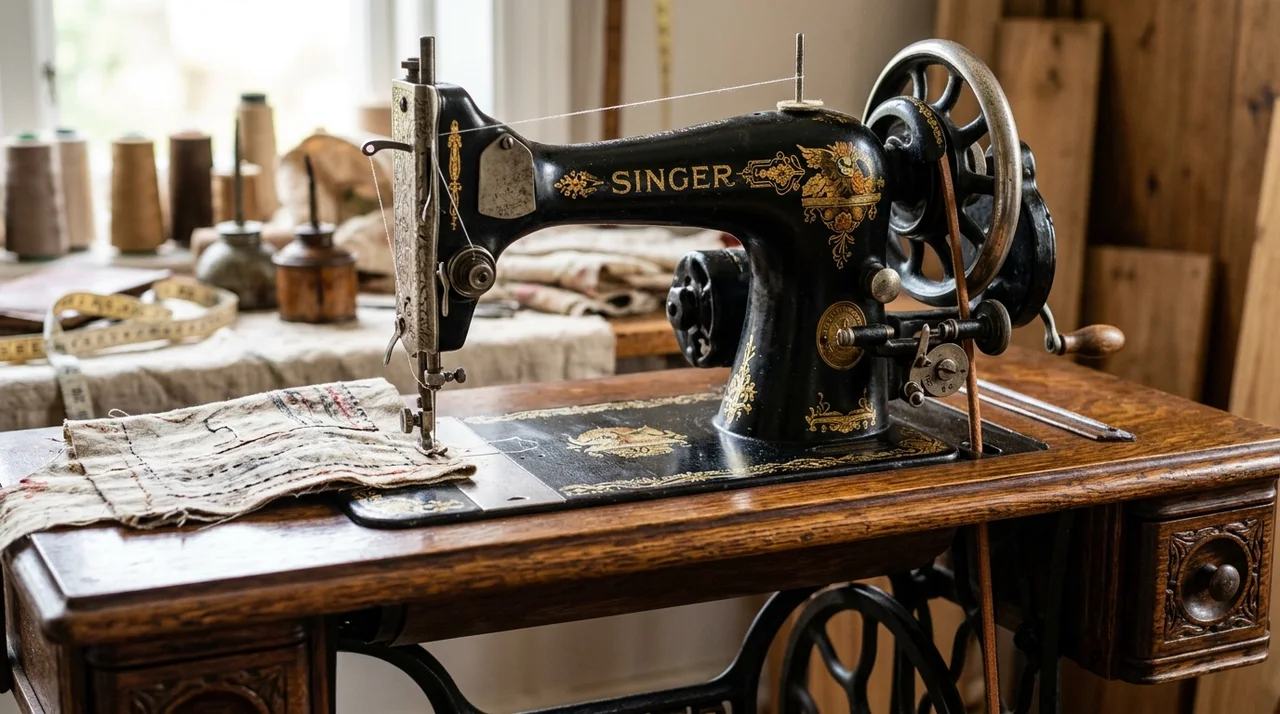 Vintage mechanical sewing machine with cast-iron treadle base evaluated for metal scrap recycling in Dubai