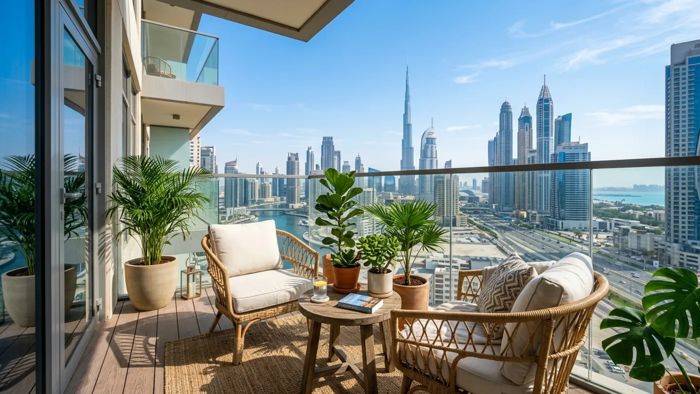 Sunny Dubai apartment balcony with clean outdoor wicker chairs and green potted plants overlooking cityscape